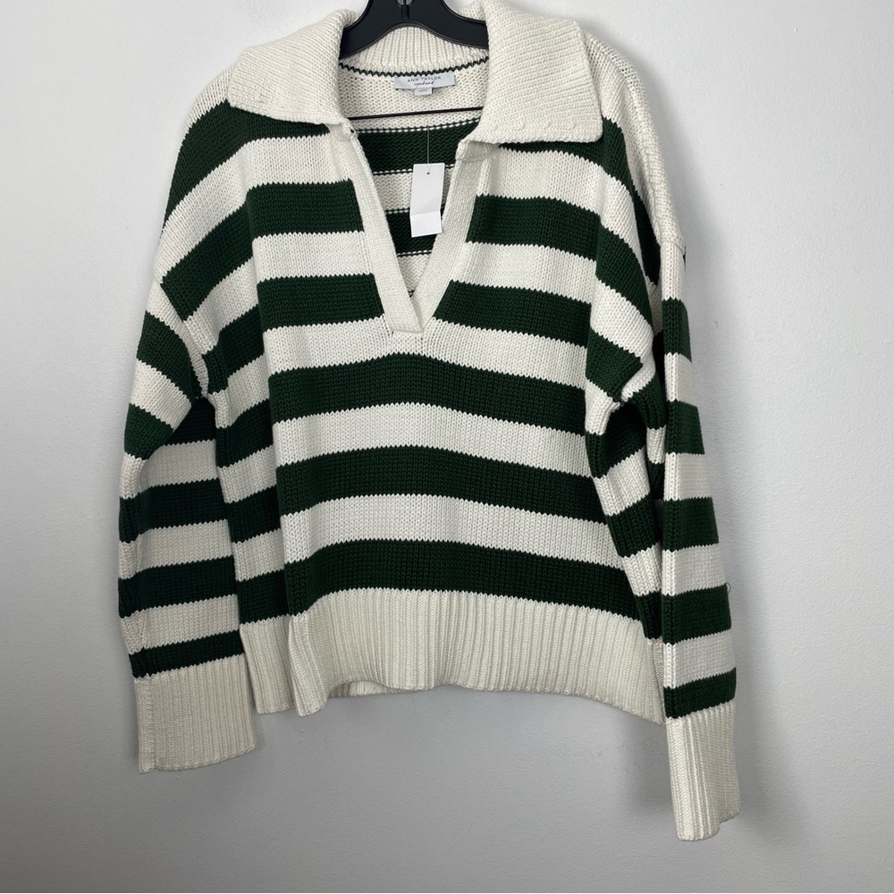 Ann Taylor Weekend Green and Cream Striped V-Neck Sweater Size XL